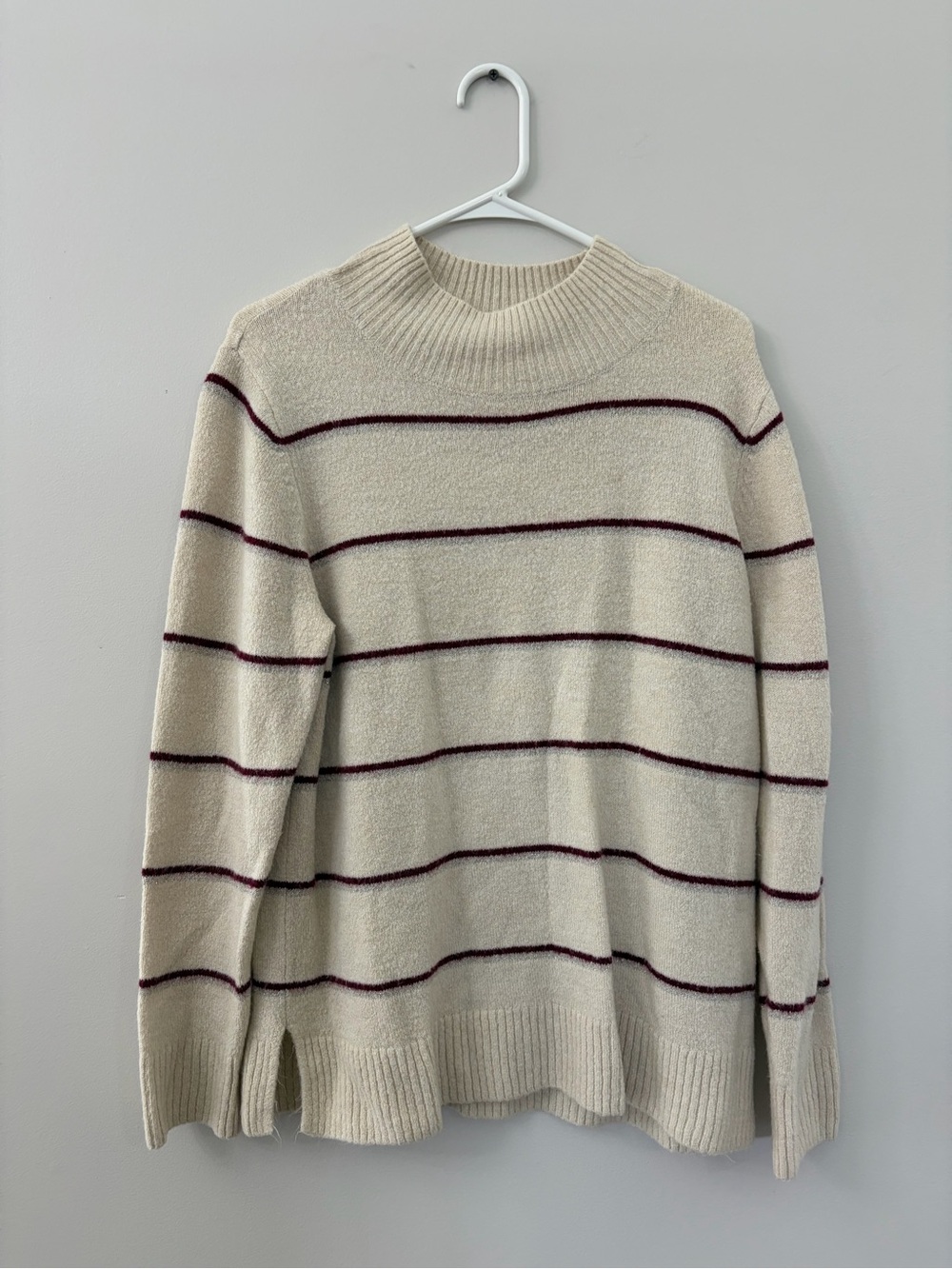 Old Navy Cream Turtleneck Sweater with Burgundy Stripes